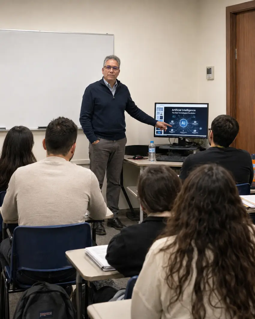 Dr. Carlos López explicando inteligencia artificial a un grupo de alumnos